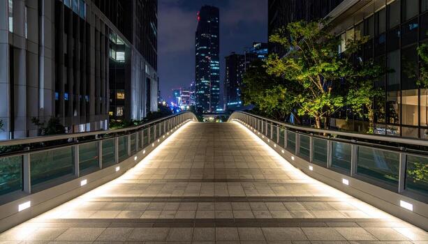 Pedestrian overcrossing at night step lights in rhythmic pattern representing elevated urban pathway and graphic order suitable for infrastructure stories editorial covers and modern design photo