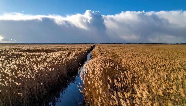 Reed marsh under migrating cloud train synchronized wind sway wide field representing serene wetland rhythm and open negative space suitable for conservation features travel essays photo