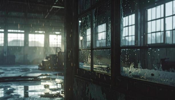 Rain streaked warehouse windows layered interior shadows wet frame glints representing industrial nostalgia and textured minimalism suitable for infrastructure stories editorial features photo