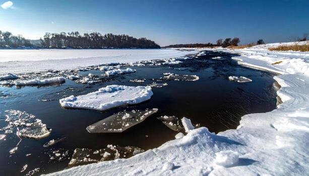 River ice breakup with dark leads drifting panes catching sidelight representing seasonal thaw geometry and austere surface patterns suitable for science education travel features photo