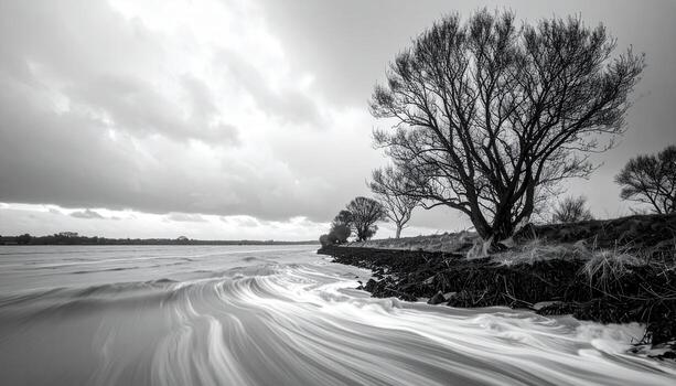 Tidal bore rolling upriver under brooding sky with high shutter clarity representing river surge dynamics and dramatic hydrology suitable for science communication safety awareness photo