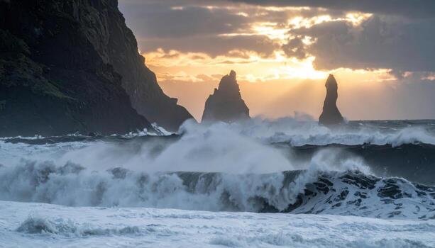 Sea stacks in heavy swell with backlit spray and dramatic power representing rugged coastal energy suitable for adventure features safety messaging and seascape design photo