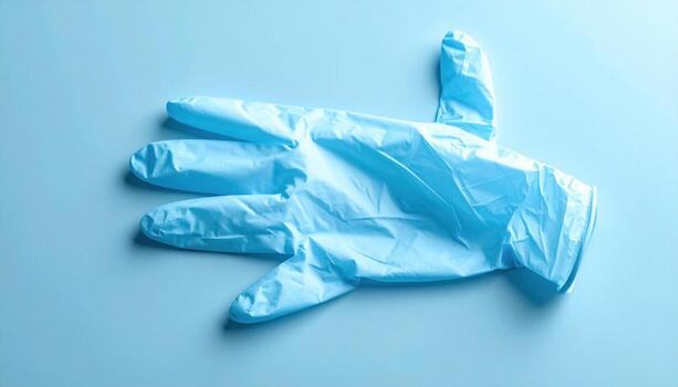 Lab nitrile glove texture stretched on flat surface soft sheen left copy space representing clinical cleanliness and product ready backdrop suitable for healthcare branding education visuals photo