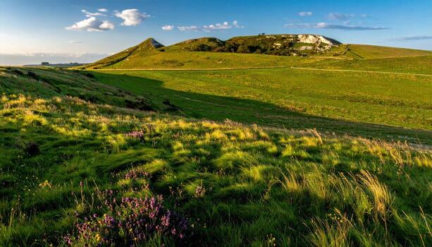 Cinematic landscape photo of chalk grassland with wind shadows rippling across, a lone barrow mound implied as shape in a soft minimal scene.
