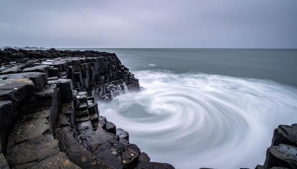 Cinematic coastal photo of a rock step well at dusk, tide swirling in a slow helix inside carved stone, smooth water under a pewter sky for calm maritime mood.