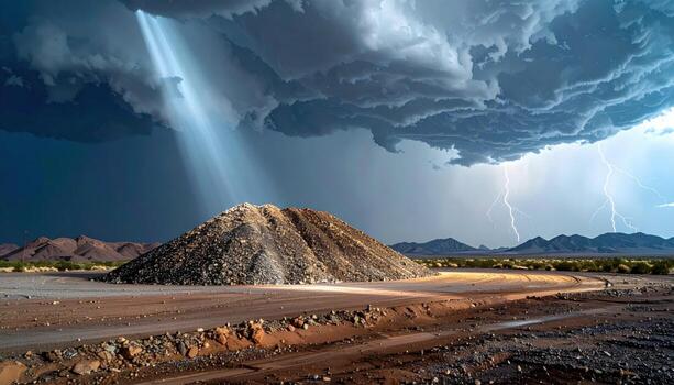 Cinematic desert industry photo of a rail ballast stockpile under thunder, angular aggregate lit by a spotlight gap in the cloud for stark contrast.
