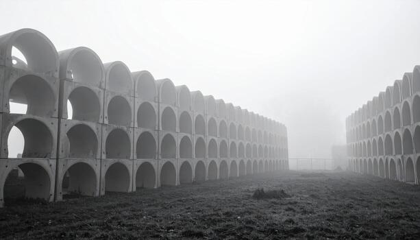 Cinematic industrial yard of stacked precast arches in fog, repeating voids graded from light to black for graphic rhythm. photo