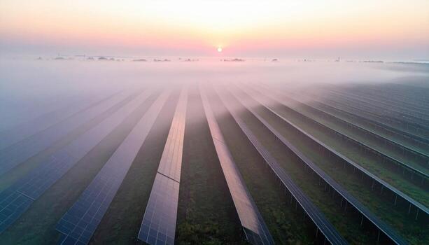 Cinematic renewable energy photo of a solar farm aisle at dawn, panels reduced to planes and soft fog breathing between rows for calm modern mood.