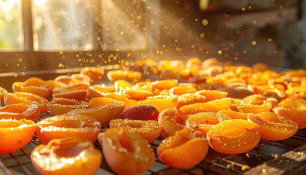 Cinematic still life of apricots on a weathered drying rack, golden dust suspended in warm cross light with rustic backdrop for artisan food mood. photo