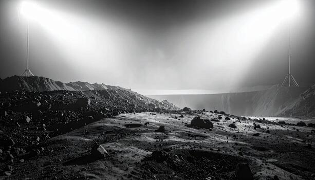 Cinematic night photo of a lunar regolith test yard under floodlights, dust haze suspended with stark shadows for minimalist space analog mood.