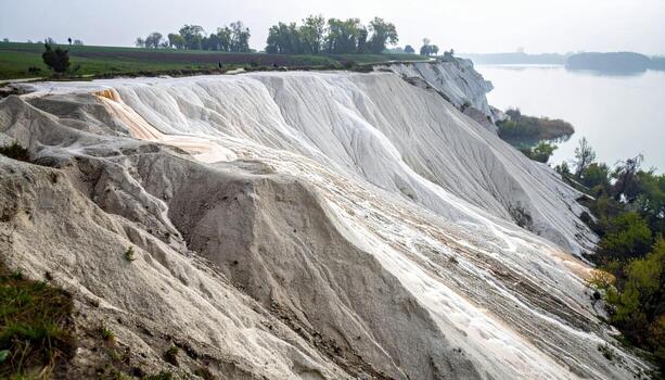Cinematic lacustrine chalk cliff face under soft rain, pearly runnels mapping the wall with austere elegance for refined minimalist geology. photo