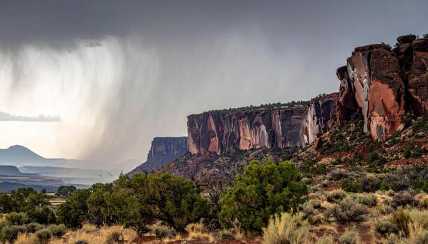 Cinematic desert photo of a mesa escarpment swept by rain curtains, distant thunder implied and sparse shrub detail for solemn mood.