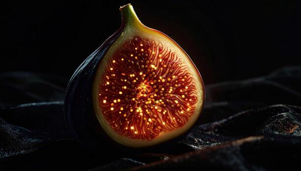 Cinematic studio macro of a fig cross section, interior seeds glowing like constellations under a tiny beam for elegant dark mood. photo