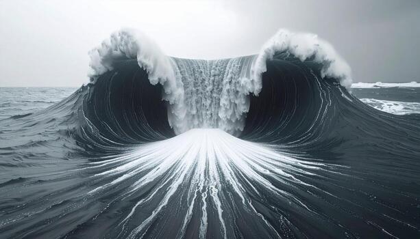 Cinematic coastal channel where a tidal overfall runs between reefs, converging rip lines carve a bright seam through slate seas for dynamic clarity. photo