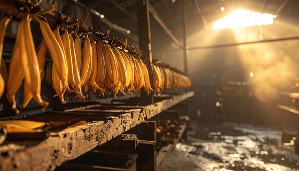 Cinematic production photo of vanilla pods curing on racks, warm backroom haze and a single high window glow for authentic origin mood.