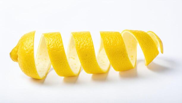 Studio still life of lemon rind ribbons curled into concentric rings on clean white, crisp micro shadows and bright citrus styling. photo