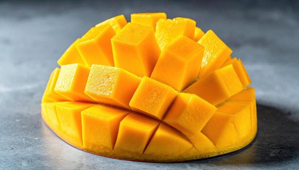 Studio photo of sliced mango cubes stacked into a minimal step pyramid on cool slate, crisp rim light and clean geometric styling.