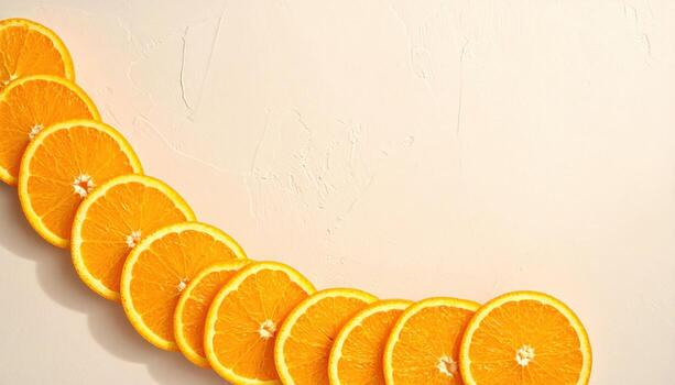 Studio photo of orange segments arranged like a sunrise arc on beige plaster, airy negative space and clean modern citrus composition.