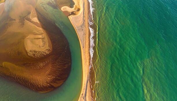 Cinematic estuary photo of a turbidity front, chocolate flow meeting jade water in an elegant curve for dynamic color contrast.
