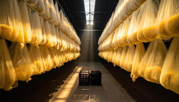 Cinematic still life of cantaloupe nets glowing under a skylight beam, crate shadows falling into soft black for refined produce minimalism. photo