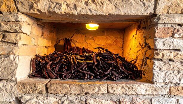 Cinematic still life of carob pods stacked in a stone alcove, warm spill from a hidden lamp and deep shadow relief for rustic culinary mood. photo