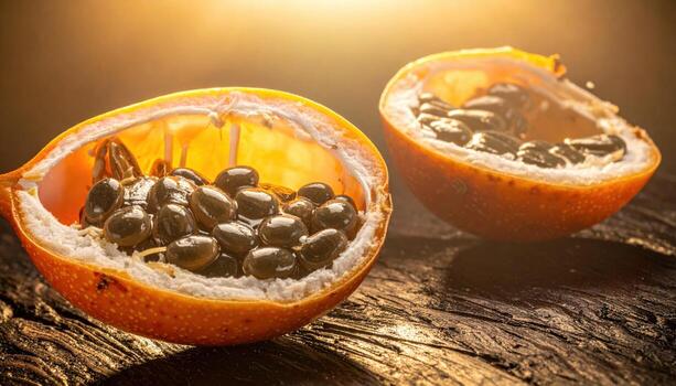 Cinematic studio photo of granadilla shells lit from within by a low lamp, quiet amber glow and deep vignette for refined dessert styling.