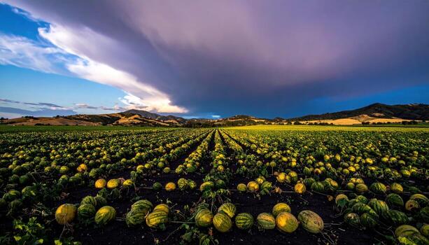 cinematográfico campo foto de un con cuernos melón cosecha debajo un monzón borde, laminación nube sombra y minimalista color división para negrita agrícola humor.