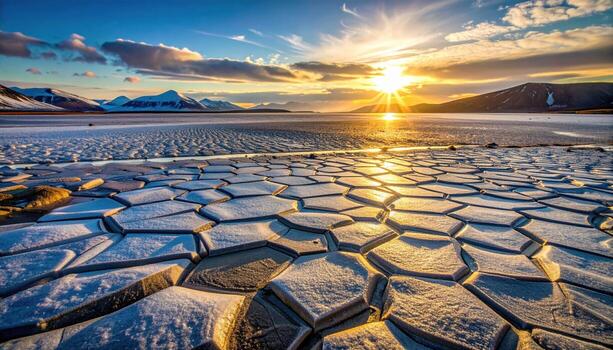 Cinematic arctic geomorphology photo of patterned ground polygons in permafrost after thaw, soft sidelight revealing micro relief and hush.