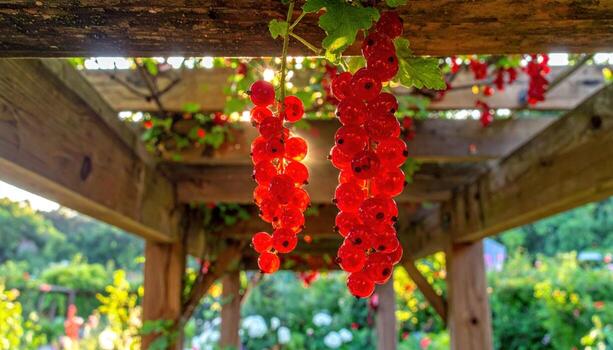 cinematográfico jardín foto de grosella racimos brillante me gusta ascuas dentro un pérgola, moteado ligero y amable lente floración para calentar frescura.