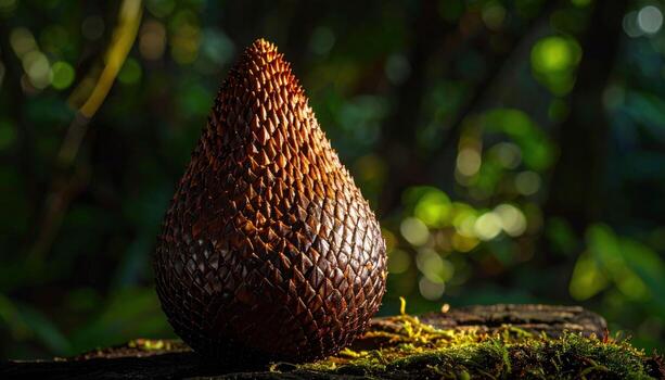 Cinematic still life photo of salak snakefruit textures in raking light, bronze scale patterns and deep warm shadows delivering rich tropical food minimalism.