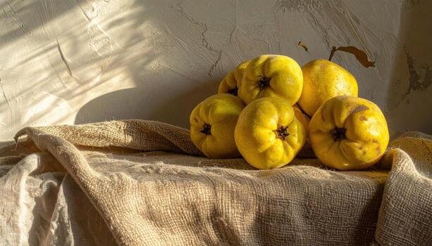 Cinematic still life of quince lined on a rough linen runner, side light sculpting fuzzy skin with gentle falloff to shadow for refined culinary calm. photo