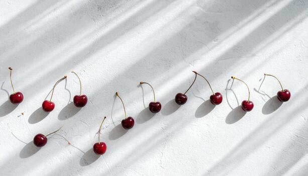 Studio still life of cherry stems linked end to end forming a wave on light concrete, thin shadow lines and modern graphic simplicity. photo