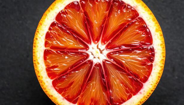 Cinematic studio photo of a single blood orange cross section glowing from backlight on matte charcoal background with soft edge falloff.