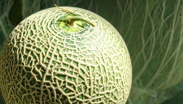 Studio macro still life of cantaloupe netting texture full frame, grazing light revealing lattice pattern and elegant culinary minimalism. photo