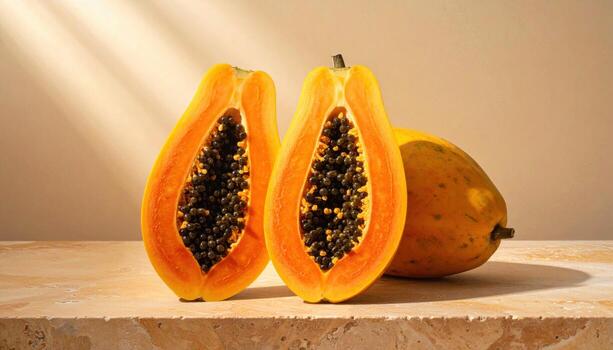 Studio photo of papaya halves facing down to show dotted skin texture on warm stone, quiet gradient glow for minimal tropical still life.