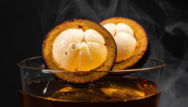 Abiu halves on smoke glass with translucent jelly seed cavity glowing from below professional food photography for editorial menus wellness layouts and minimalist backgrounds photo