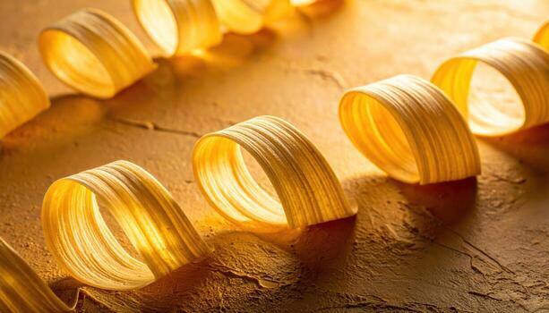 Amanatsu peel curls arranged as flowing ribbon on warm plaster with gentle raking light professional citrus still life for editorial culinary design and wellness branding backgrounds photo