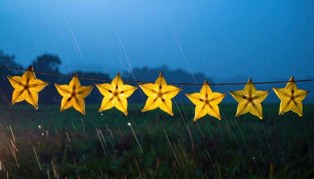 Cinematic studio photo of starfruit slices strung like wind chimes under soft rain, rim light carving translucent edges against a dark field.