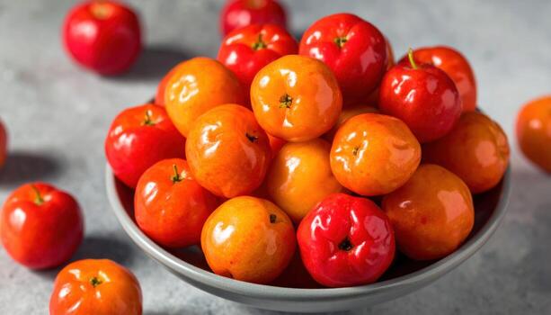 Acerola cherries graded from matte to glossy finish across a smooth cement base professional studio still life for editorial nutrition wellness and modern branding backdrops photo