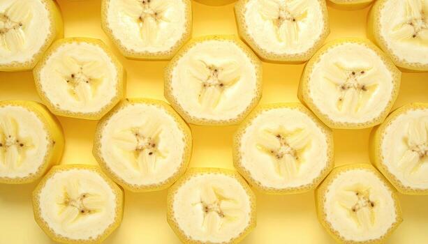 Banana cross sections forming a honeycomb pattern on soft yellow ground modern fruit graphic for editorial food packaging layouts and clean backgrounds photo