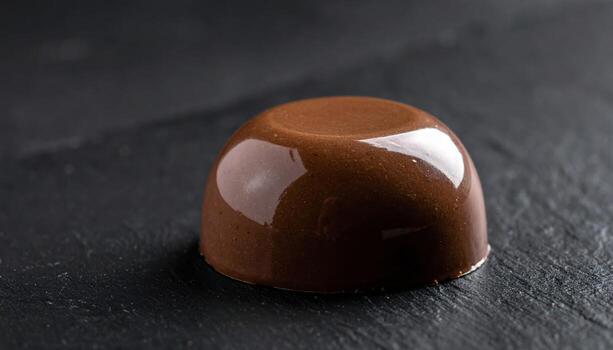 Black sapote puddinglike oval surface with subtle low key sheen on slate backdrop professional dessert texture photo for editorial menus packaging and wellness themes