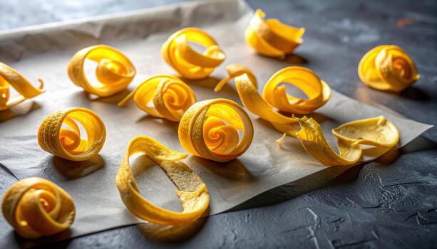 Bergamot peel twists scattered sparsely on graphite paper with a faint top glow refined citrus still life for culinary editorials fragrance stories and branding photo