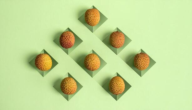 Betel nut areca fruit bunch abstracted as clean geometry on pale green with restrained contrast cultural botanical study for editorial design and background use photo