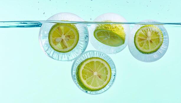 Calamansi ice spheres trapping slices midfreeze delicate microbubbles against pale aqua refreshing citrus concept for beverage menus spa and wellness design photo