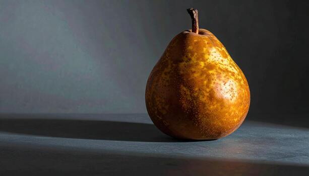 Bosc pear bronze skins lit with classic rembrandt side light on muted slate professional produce portrait for editorial culinary branding and autumn harvest themes photo