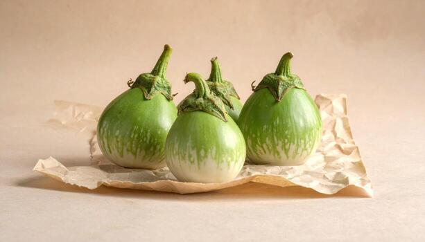 Bottle gourd calabash young fruits aligned along a soft S on parchment subtle heritage mood ideal for editorial food culture and rustic design backdrops photo