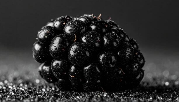 Blackberry drupelets in tight macro showing micro reflections on a graphite field professional texture photo for editorial food design and modern branding backdrops