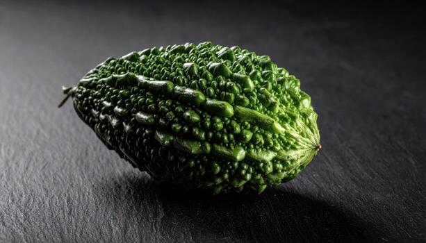 Bitter melon ridged fruit treated as an abstract surface on matte charcoal with controlled highlights modern vegetable texture for editorial wellness and design backdrops photo