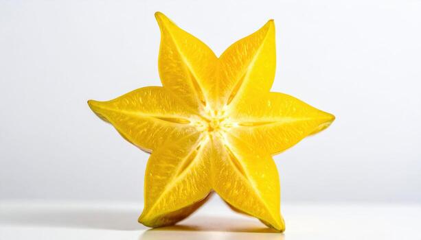 Carambola star ridges captured in macro with satin highlights against a neutral wall modern tropical texture for editorial food UI and branding photo