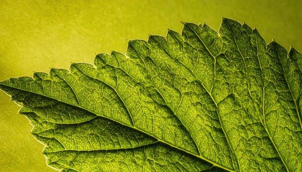 Blackcurrant leaf serrations mapped in macro against muted forest green card professional botanical texture for education editorial and calm design layouts photo
